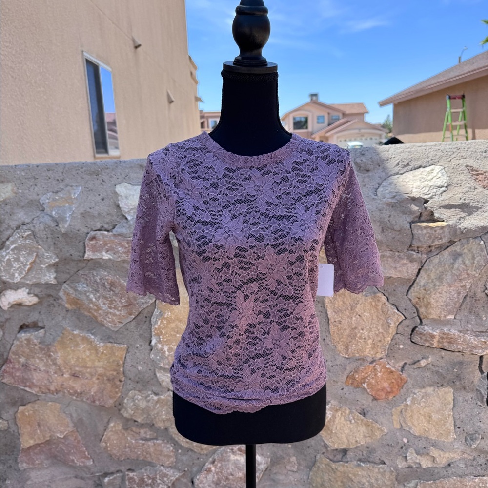 Tinywillow Lilac Lace Mesh Top S Semi Sheer Stretch Floral Shirt Romantic Boho